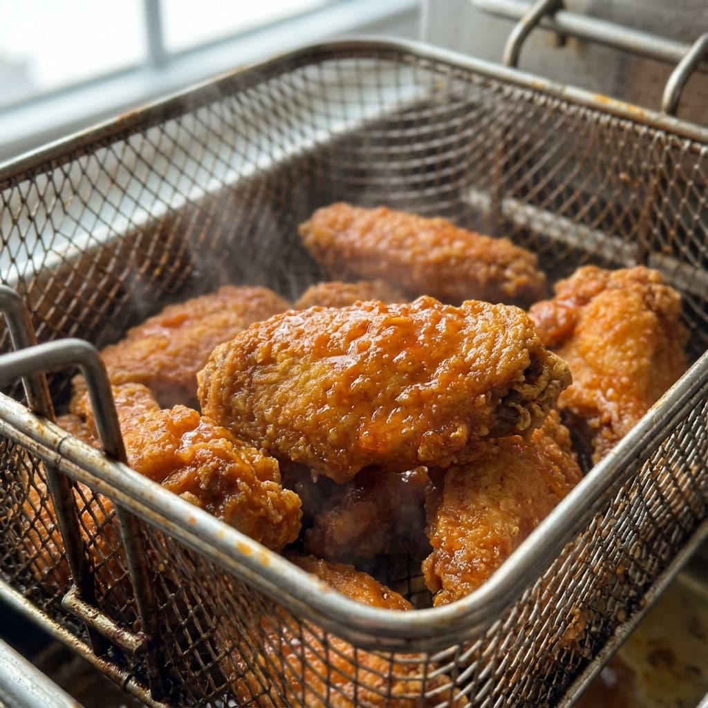 Buffalo wings in fryer basket